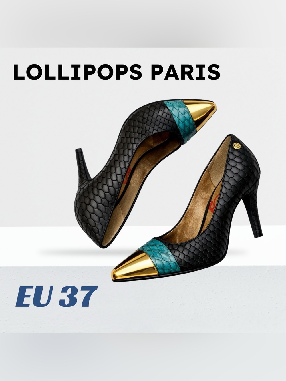 🇫🇷👌GUC LOLLIPOPS PARIS | EU 37| Unique GRAY Bold Faux-Reptile Pumps Gold accents